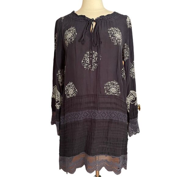 Johnny Was Black Dress Size S Embroidery Lace and Pintucks Mini Country or City - Picture 2 of 13